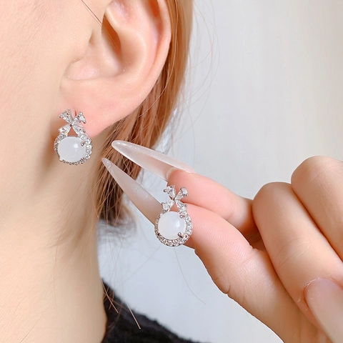 Elegant Bowknot Stud Earrings For Women Copper Plated With White Faux Chalcedony Agate Stone And Sparkling Zircon