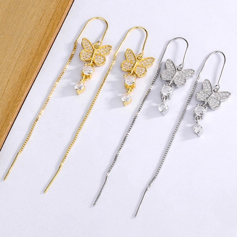 Butterfly Tassel Ear Threader Earrings Micro Pave Zircon Long Drop Copper Jewelry For Women Elegant Niche Style