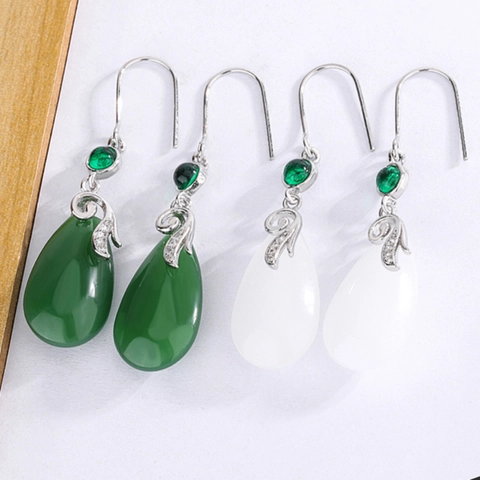 Vintage Chinesischer Stil Tropfenohrringe Elegante Künstliche Jade Kupfer Mit Silbernem Ohrstecker Für Damen