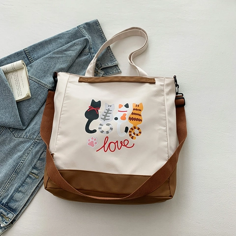 Grande Borsa Tote Da Donna In Nylon Con Stampa Gatto Carino Borsa A Tracolla Casual Cinghia Regolabile