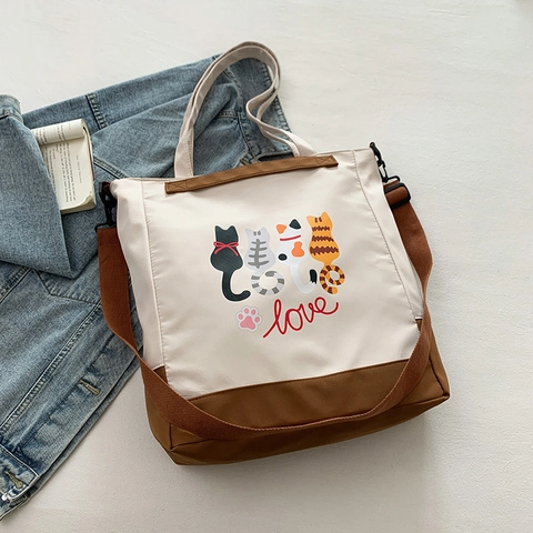 Grande Borsa Tote Da Donna In Nylon Con Stampa Gatto Carino Borsa A Tracolla Casual Cinghia Regolabile