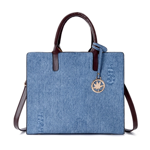 Women Denim Texture PU Leather Large Capacity Tote Bag And Chain Crossbody Bag And Wristlet Pouch Retro Fashion Casual