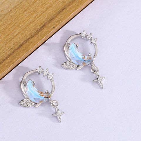 Moon Star Stud Earrings With 925 Sterling Silver Earring Post Copper Zircon Inlaid Geometric Dangle Fashion Women Jewelry