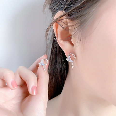 Moon Star Stud Earrings With 925 Sterling Silver Earring Post Copper Zircon Inlaid Geometric Dangle Fashion Women Jewelry