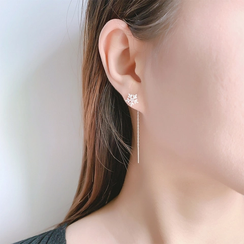 Pendientes De Hilo De Copo De Nieve Borla Larga Circón Cobre Elegante Joyería Regalo Para Mujer