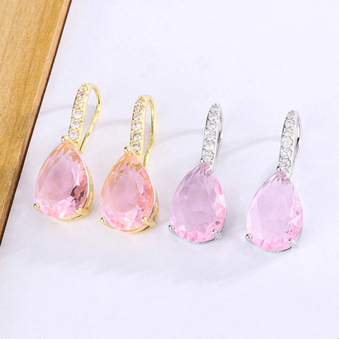 Boucles D'oreilles Pendantes Goutte D'eau Zircon Rose Taille Poire Cuivre Élégant Crochet Bijoux Pour Femmes Mode Style