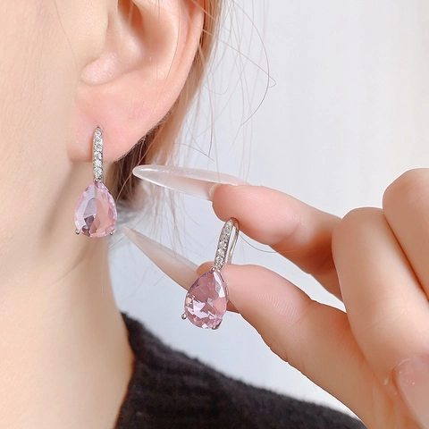 Boucles D'oreilles Pendantes Goutte D'eau Zircon Rose Taille Poire Cuivre Élégant Crochet Bijoux Pour Femmes Mode Style