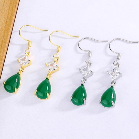 Vintage Green Water Drop Earrings Copper Square Zircon Hook Dangle Jewelry For Women New Chinese Style Elegant Luxury