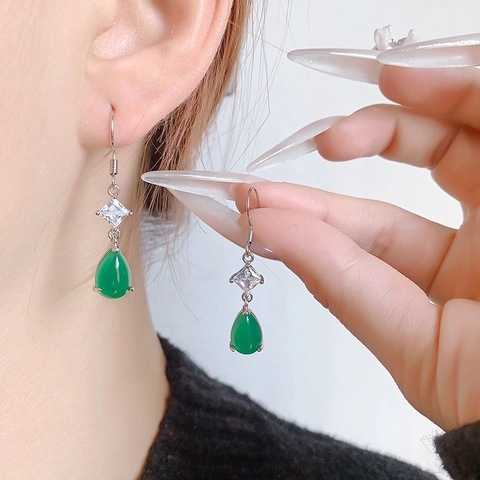 Vintage Green Water Drop Earrings Copper Square Zircon Hook Dangle Jewelry For Women New Chinese Style Elegant Luxury