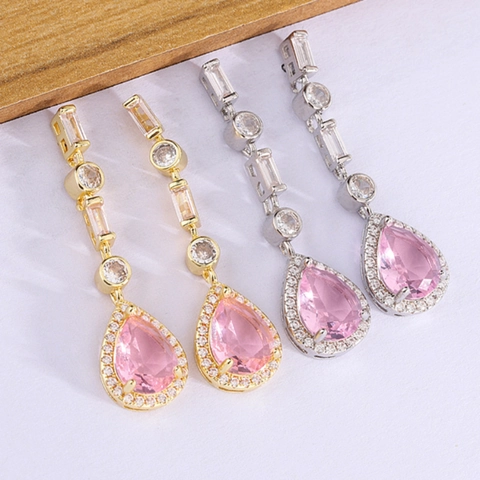 Eleganti Orecchini Pendenti In Rame Per Donna Con Zirconia Rosa A Pera E Zirconia Trasparente Rettangolare Tonda