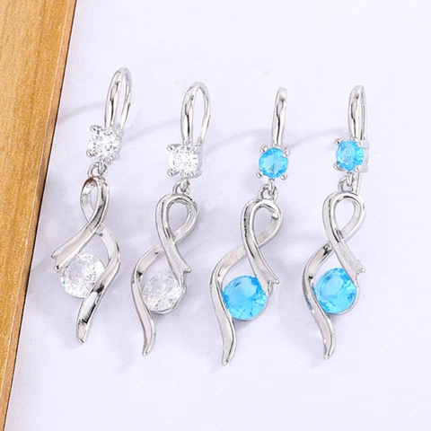 Wave Spiral Drop Earrings Copper Silver Plated With Round Cubic Zirconia And Silver Earring Post For Women
