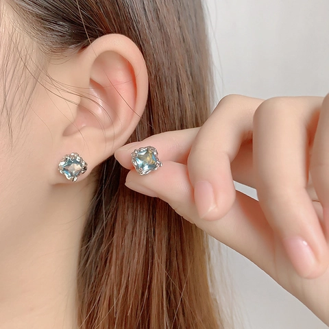 Irregular Lava Texture Square Blue Gemstone Earrings Copper Minimalist Ins Style Geometric Jewelry For Women