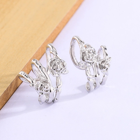 Orecchino A Clip Rosa E Spine Retrò Francese Ear Cuff In Rame Placcato Argento Per Donne Stile Personale