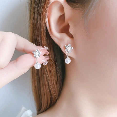 Elegante Bloemen Kunstparel Drop Oorbellen Vijf Bloemblaadjes Florale Dangle Studs Koper Metalen Sieraden Voor Vrouwen