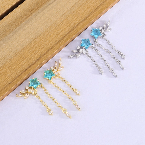 Boucles Oreilles Pendantes Longues Pompons Étoile Bleue Cuivre Avec Accents Feuilles Zircon Marquise Style Élégant Femme
