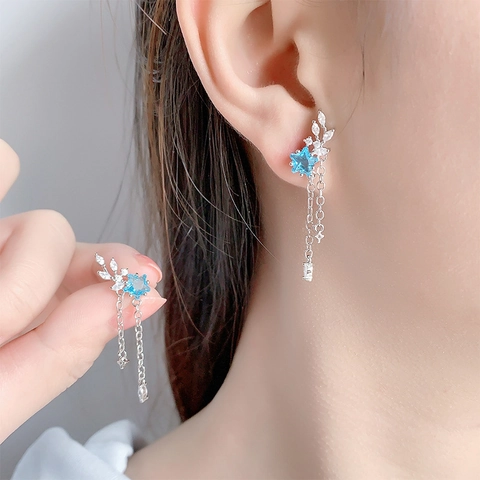 Boucles Oreilles Pendantes Longues Pompons Étoile Bleue Cuivre Avec Accents Feuilles Zircon Marquise Style Élégant Femme