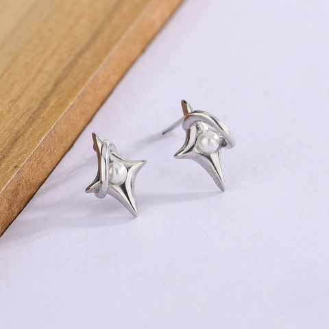 Silver Plated Copper Star Artificial Pearl Stud Earrings Minimalist Four Pointed Star Geometric Planet Ring Jewelry For Women