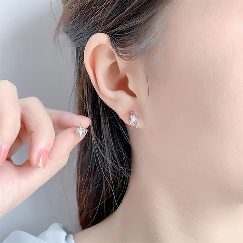 Silver Plated Copper Star Artificial Pearl Stud Earrings Minimalist Four Pointed Star Geometric Planet Ring Jewelry For Women