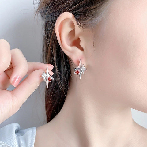 Four Pointed Star Stud Earrings Red Square Zircon Copper Jewelry With 925 Sterling Silver Earring Post Chic Elegant For Women