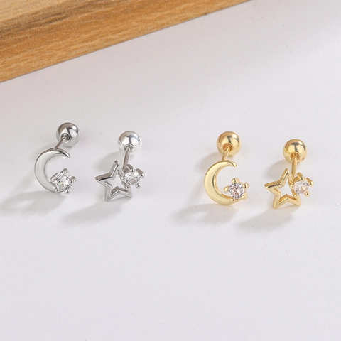 Pendientes Asimétricos De Estrella Y Luna Con Circón Y Silver Earring Post Joyería Minimalista Con Cierre De Rosca Mujer
