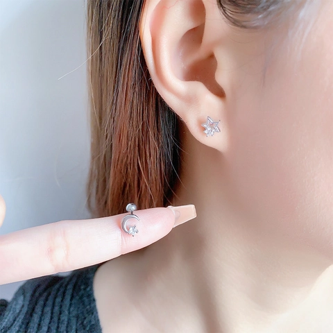Pendientes Asimétricos De Estrella Y Luna Con Circón Y Silver Earring Post Joyería Minimalista Con Cierre De Rosca Mujer
