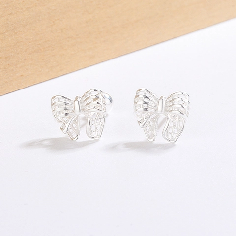 Bowknot Stud Earrings Copper Hollow Mesh With 925 Sterling Silver Earring Post Screw Back Korean Style For Women