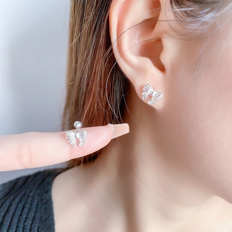 Bowknot Stud Earrings Copper Hollow Mesh With 925 Sterling Silver Earring Post Screw Back Korean Style For Women