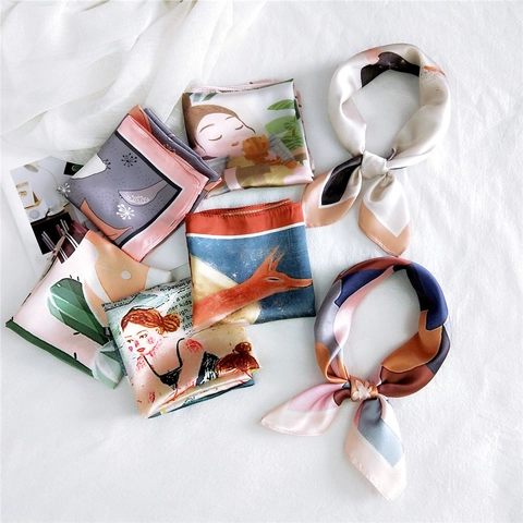 Women Square Satin Like Scarf Artistic Illustration Print Satin Neck Handkerchief Bandana Headband Hair Bag Accessory