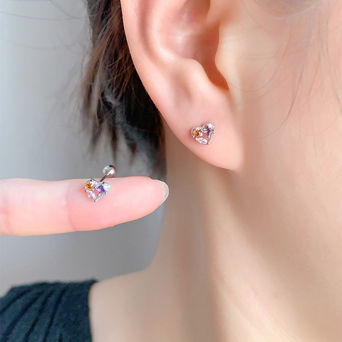 Boucles D'Oreilles Cœur Zircone Colorée Cuivre Avec Tige En Argent Sterling 925 Fermoir À Vis Bijoux Luxe Femme