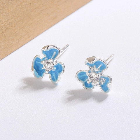 Blue Iris Flower Stud Earrings With 925 Sterling Silver Earring Post Enamel Copper Zirconia Sweet Jewelry For Women