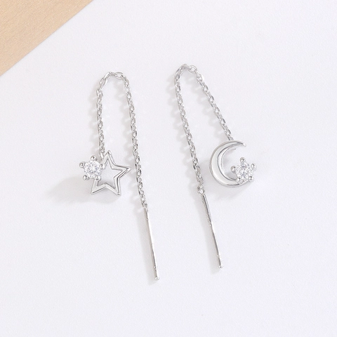 Pendientes De Hilo Asimétricos Estrella Luna Con Poste De Plata De Ley 925 Cobre Circonita Borla Larga Joyería Mujer