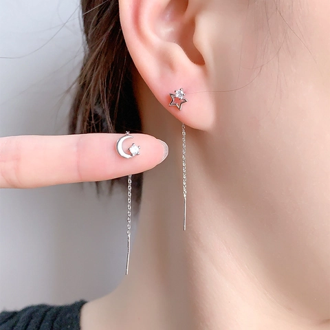 Pendientes De Hilo Asimétricos Estrella Luna Con Poste De Plata De Ley 925 Cobre Circonita Borla Larga Joyería Mujer