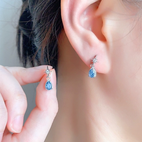 Copper Water Drop Dangle Earrings Light Blue Zircon Starburst Motif With 925 Sterling Silver Earring Post For Women