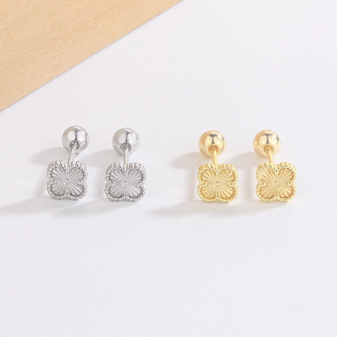 Pendientes De Botón Con Cierre De Rosca De Trébol De Cuatro Hojas Cobre Chapado En Oro Patrón De Sol Joyas Elegantes