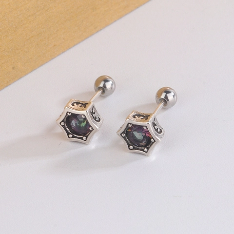 Vintage Koperen Hexagram Ster Oorkraakbeen Studs Met Kleurrijke Edelsteen Schroefsluiting Punk Stijl