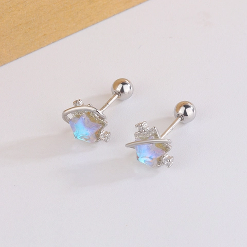 Star Planet Stud Earrings With 925 Sterling Silver Earring Post Copper Moonstone Zirconia Saturn Orbit Jewelry For Women