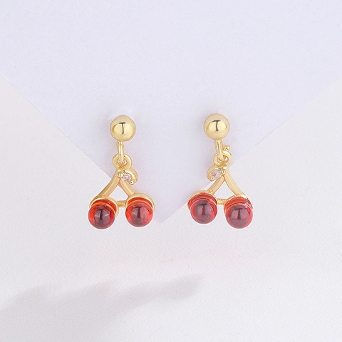 Exquisite Cherry Drop Earrings Copper With Red Resin Fruit And Zircon Leaf Sweet Cute Jewelry For Women