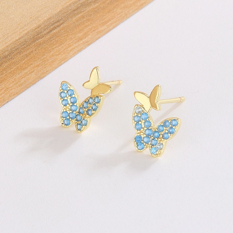 Orecchini A Lobo Farfalla Rame Placcato Oro Con Zircone Blu E Perno In Argento Sterling 925 Delicato Lusso