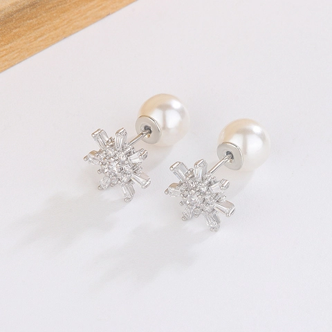 Elegant Copper Snowflake Artificial Pearl Stud Earrings With Zircon Inlay Double Sided Design For Women