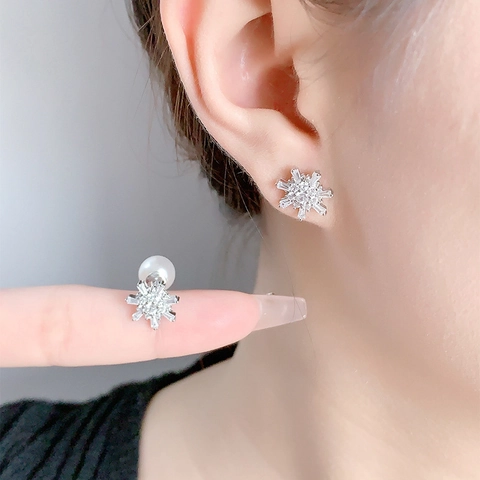 Elegant Copper Snowflake Artificial Pearl Stud Earrings With Zircon Inlay Double Sided Design For Women