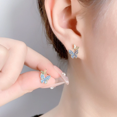Orecchini A Lobo Farfalla Rame Placcato Oro Con Zircone Blu E Perno In Argento Sterling 925 Delicato Lusso