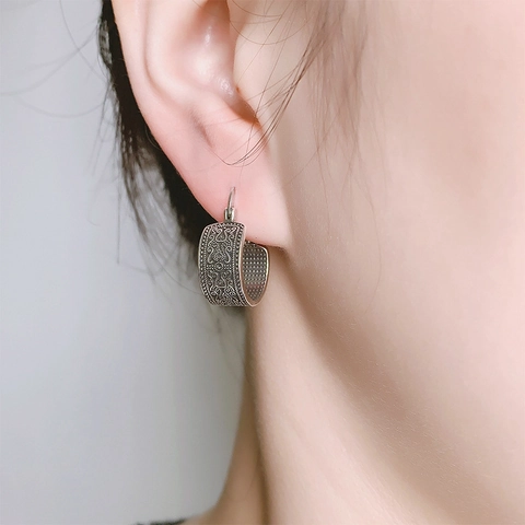 Pendientes De Aro Tallados Vintage Cobre Color Plata Antigua Patrón Étnico Hueco Retro Joyería Mujeres