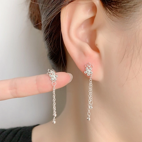 Pendientes De Botón Con Borla Larga De Flor Hueca Con Poste De Cobre Joyería Elegante Con Cierre De Rosca Para Mujer