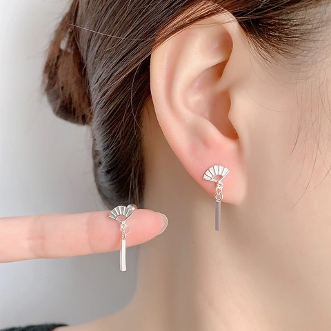 Fan Shaped Stud Earrings With 925 Sterling Silver Earring Post Vintage New Chinese Style Long Bar Drop Jewelry For Women