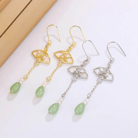 Orecchini Pendenti A Ventaglio Stile Cinese Rame Con Madreperla Zircone Perla Artificial E Pietra Verde Elegante Vintage Da Donna