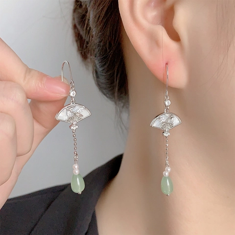 Orecchini Pendenti A Ventaglio Stile Cinese Rame Con Madreperla Zircone Perla Artificial E Pietra Verde Elegante Vintage Da Donna