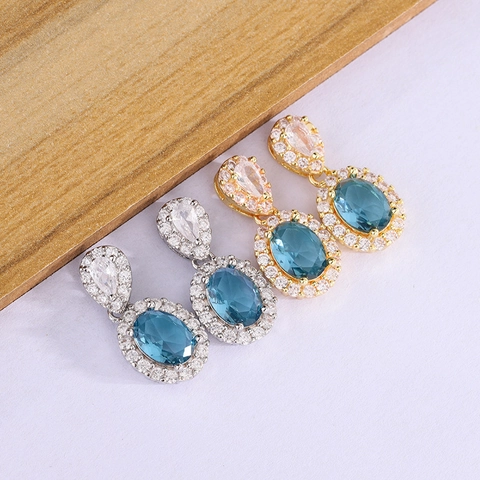 Französischer Luxus Blaue Ovale Zirkonia Ohrhänger Mit Weißem Halo Kupfer Schmuck Für Frauen Elegantes Party Accessoire