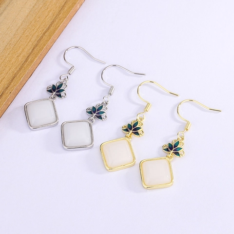 Vintage Lotus Enamel Dangle Earrings For Women With Copper Frame And Square Faux Jade Stone Chinese Style