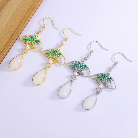 Copper Fan Shaped Dangle Earrings Green Bamboo Leaf Enamel With Faux Artificial Pearl And Waterdrop Pendant Vintage Chinese Style