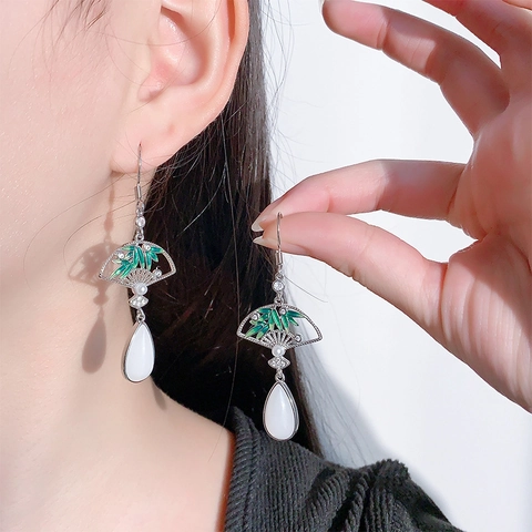 Copper Fan Shaped Dangle Earrings Green Bamboo Leaf Enamel With Faux Artificial Pearl And Waterdrop Pendant Vintage Chinese Style